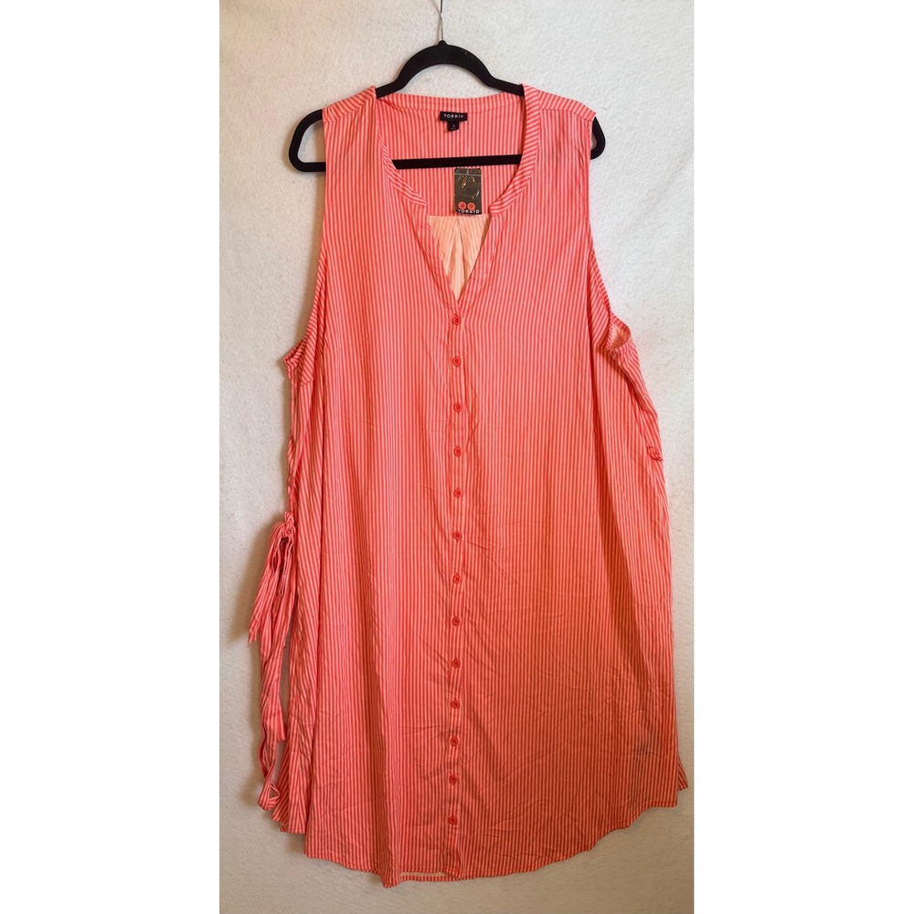 Torrid 4 Plus Size Coral Pink White Striped Sleeveless Button‎ Dress 4x 26 NWT